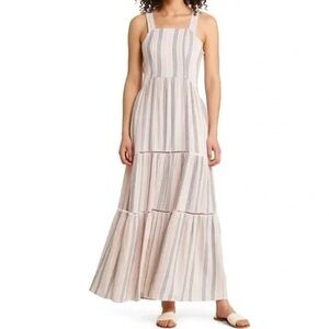 Caslon Cabana Stripe Linen Blend Lattice Trim Tiered Sleeveless Maxi Dress XXS